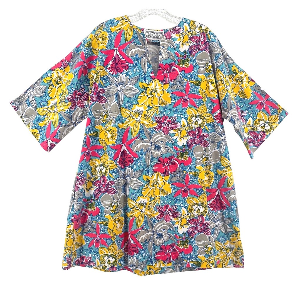 Vintage 70s Key West Hand Print Fashions Floral Shift Dress Lily Pulitzer Style